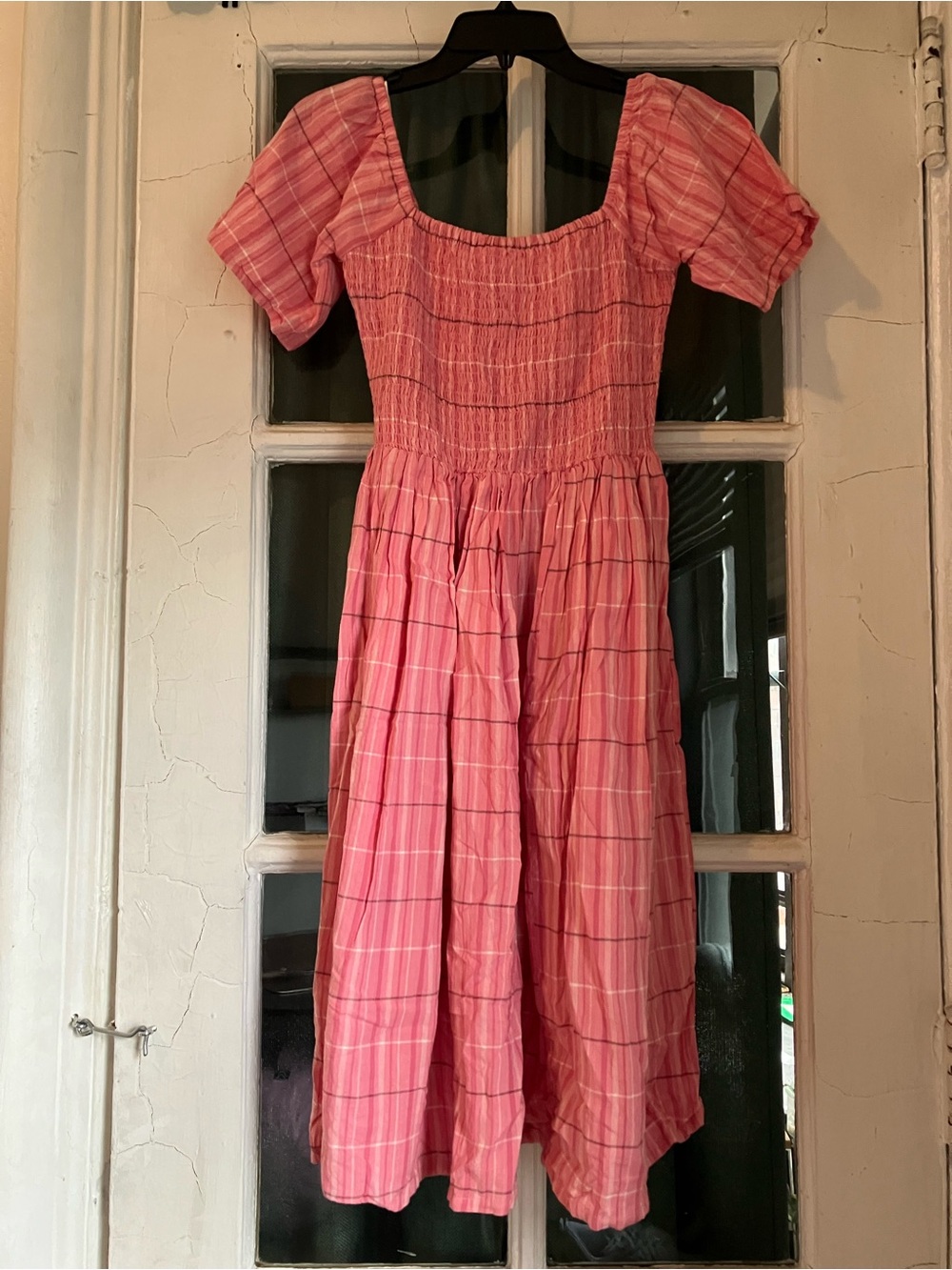 Mata Traders Pink Plaid Smocked Midi Dress